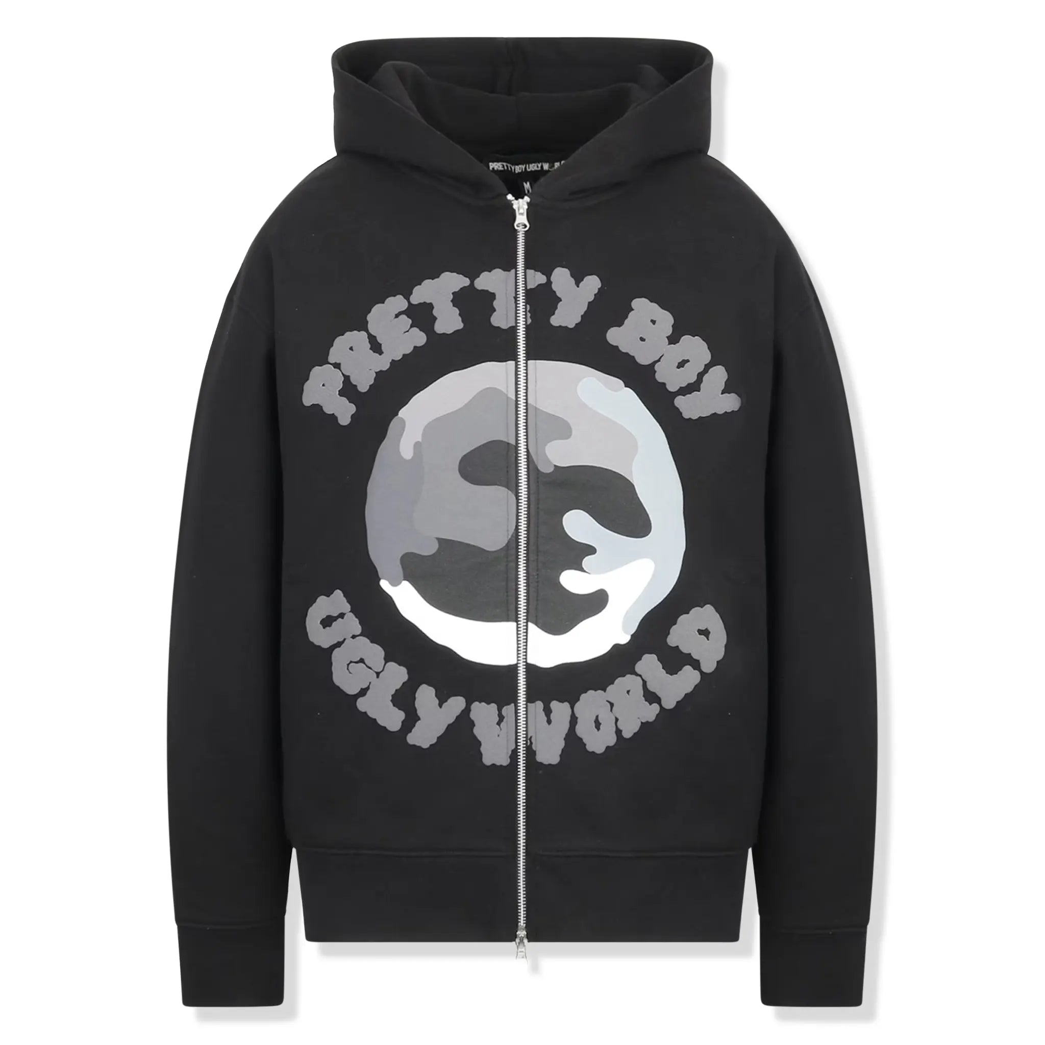 Front View of Pretty Boy Ugly World Black Zip-Up Hoodie 53263703430